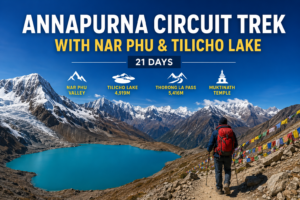 nnapurna Circuit Trek with Nar Phu Valley and Tilicho Lake 21 days featuring turquoise Tilicho Lake, snow-capped Himalayan peaks, and a trekker overlooking Thorong La Pass in Nepal