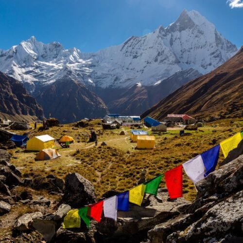 Annapurna Base Camp in Nepal surrounded by Himalayan peaks