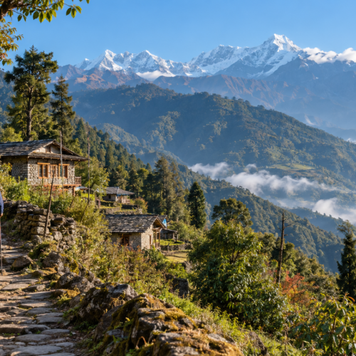 Trekker on a stone village trail in Helambu with forested hills and Himalayan peaks
