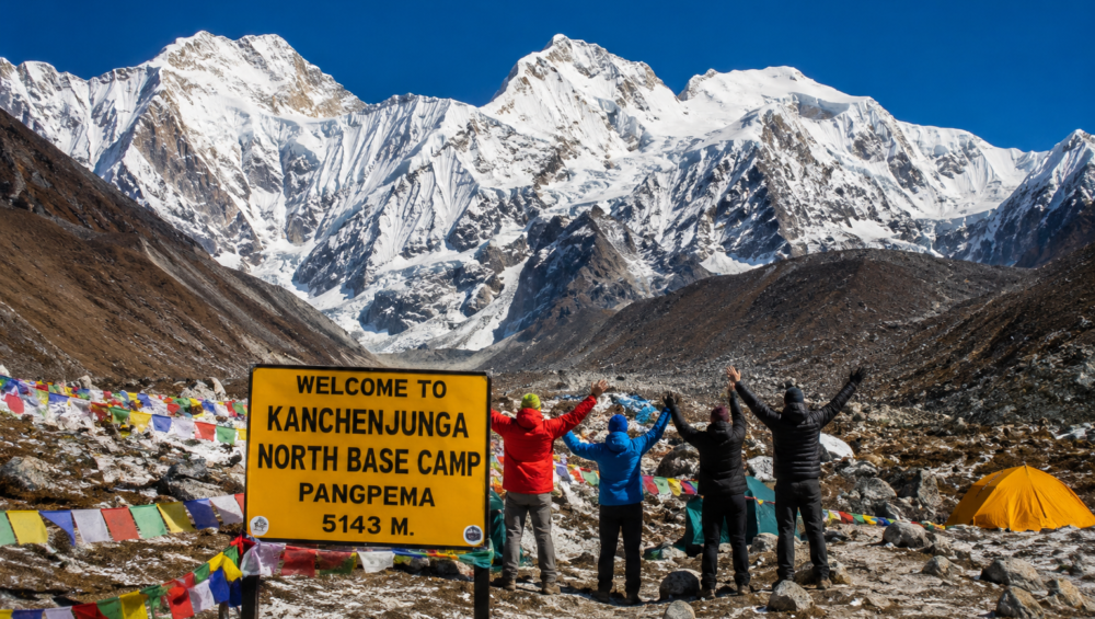 : Kanchenjunga North Base Camp Trek at Pangpema with trekkers enjoying panoramic views of Mount Kanchenjunga in eastern Nepal