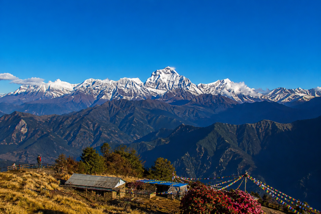 Mohare Danda Trek panoramic view of Annapurna and Dhaulagiri mountains from Mohare Hill in Nepal