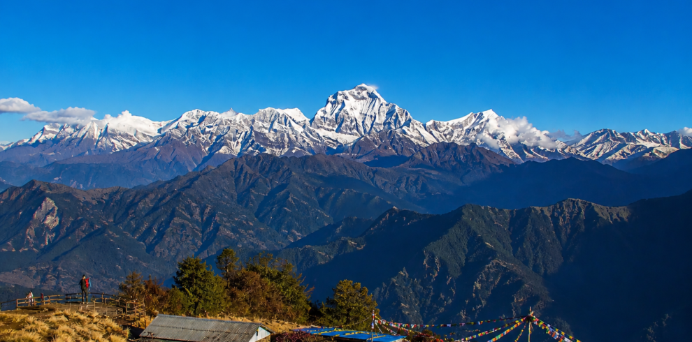 Mohare Danda Trek panoramic view of Annapurna and Dhaulagiri mountains from Mohare Hill in Nepal