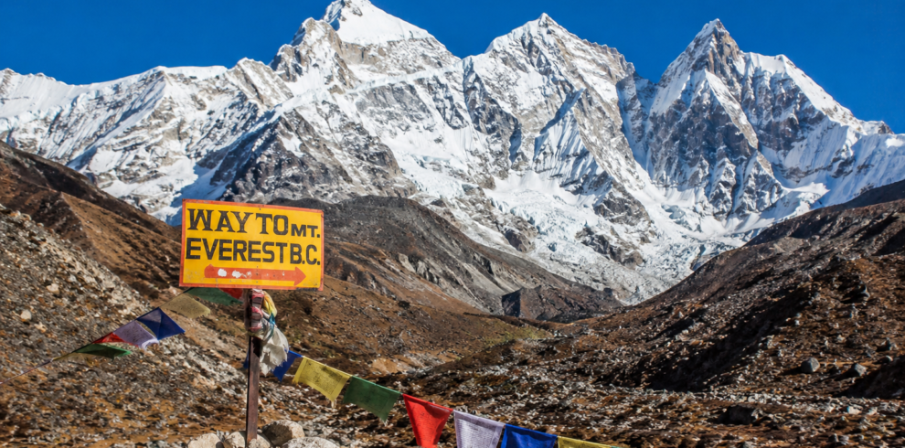 Panoramic view of Mount Everest from the Everest Base Camp trekking route in Nepal