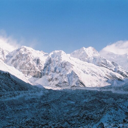 Snow-covered Himalayan peaks and glacier near Kanchenjunga Base Camp